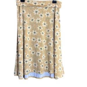 LuLaRoe Simply Comfortable Mustard Yellow & Golden Floral Skirt. Fold Down Waist